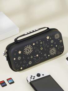 1 pièce Sac de rangement avec élément d'étoile et visage de soleil, compatible avec Switch OLED/Switch NS, coque de protection rigide avec support intégré et rangement pour 10 cartes de jeu, porte-cartes de jeu portable et antichoc, adapté pour les déplacements, offrant une protection pour la console de jeu et les accessoires contre les impacts et les chutes