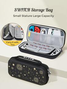 1 pièce Sac de rangement avec élément d'étoile et visage de soleil, compatible avec Switch OLED/Switch NS, coque de protection rigide avec support intégré et rangement pour 10 cartes de jeu, porte-cartes de jeu portable et antichoc, adapté pour les déplacements, offrant une protection pour la console de jeu et les accessoires contre les impacts et les chutes