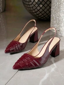 Scarpe da sera da donna con tacco alto grosso, a punta chiusa e cinturino alla caviglia, colore bordeaux