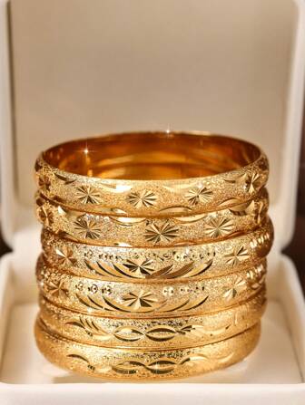 1/3/6 件沙金色精致手工雕刻星星精美镀 24k 金 10 毫米宽手链适合女性，不含盒子