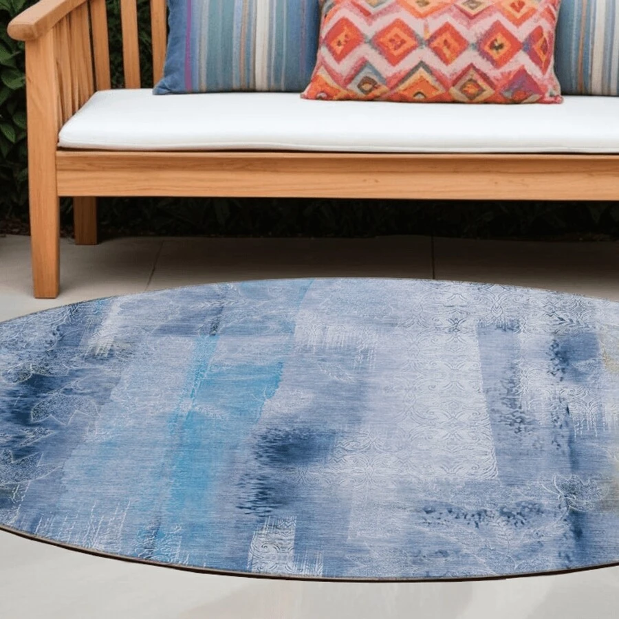 8' Round Blue Round Washable Non Skid Indoor Outdoor Area Rug