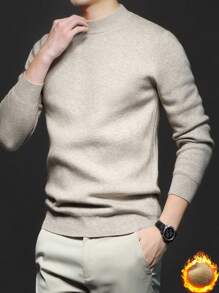男士纯色立领长袖休闲套头衫，秋冬季加厚针织毛衣 - 駝色 - 查看 7