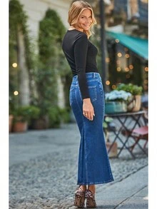 高腰修身鱼尾喇叭长裙，宽松牛仔品质通勤紧身长裙 - 藍色 - 查看 3