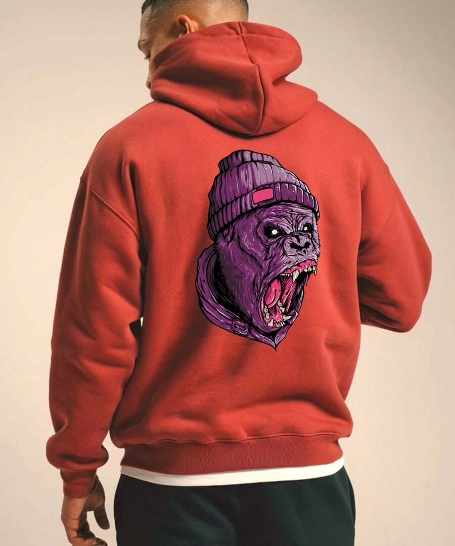 Men's Hoodie With "GORILLA FACE" Design - Red - View 1