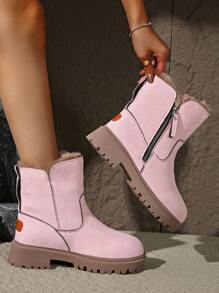 女士冬季保暖雪地靴，厚保暖内衬短靴 - 淡粉紅色 - 查看 3