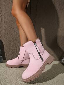 女士冬季保暖雪地靴，厚保暖内衬短靴 - 淡粉紅色 - 查看 8