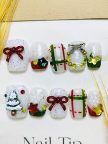 10 件/套手工圣诞美甲，白色方形雪花彩绘网格指甲。红色和绿色圣诞树按压式假指甲。送给女性和女孩的完美礼物 - 彩色 - 查看 1