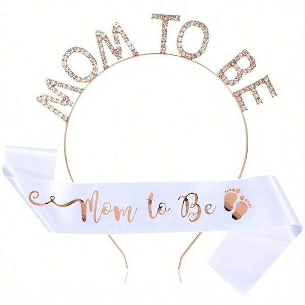 2pcs "Mom To Be" Party Set: 1 Rhinestone Crown And 1 Foot Shoulder Strap, For Baby Gender Reveal Party Baby Shower Family Decorations Gifts