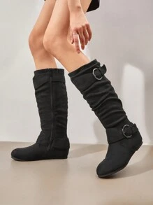 Women's Knee High Low Hidden Wedge Boots - 黑色/麂皮 - 查看 3