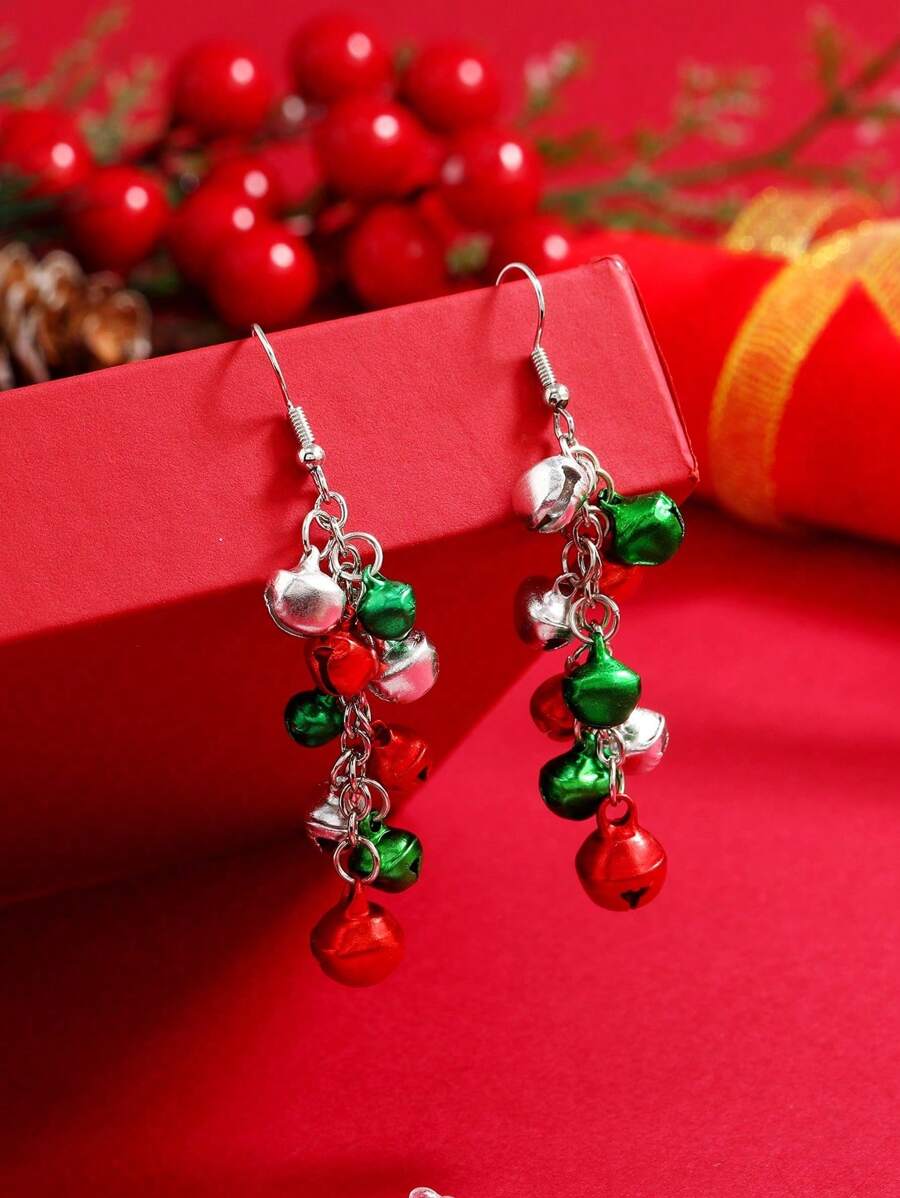 1 Pair Christmas Color Bell Tassel Dangle Earrings, Alloy Metal Silver ...