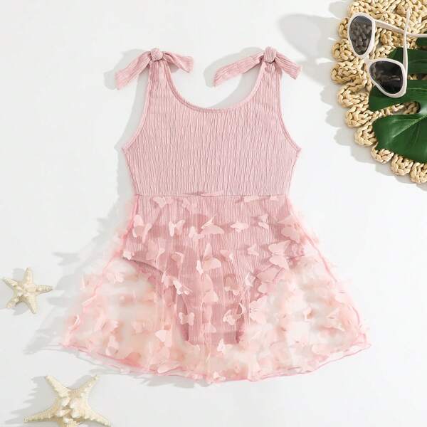 Traje de baño de una pieza con estampado de mariposa y red para niña, adecuado para nadar, vacaciones y playa
