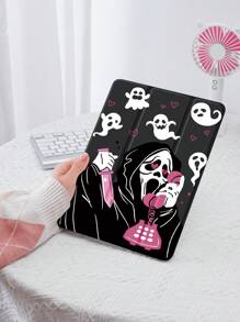 万圣节鬼魂图案保护壳，兼容三星、华为、苹果和小米设备，带笔槽，支持自动睡眠/唤醒功能 - 彩色 - 查看 3