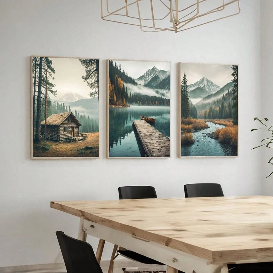 3 件套墙面印刷品套装，自然摄影秋季风景艺术，松林秋季印刷品，山地摄影风景印刷品自然装饰，无框 - 黑色 - 查看 1