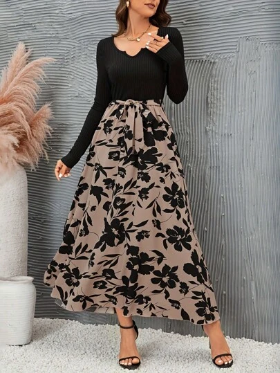 Vestido De Manga Larga Para Mujer Con Falda A Juego Con Estampado De Hojas Y Flores,Espalda Descubierta Informal Y Elegante