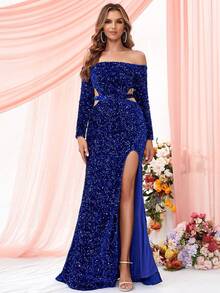 LOVE&LEMONADE Rochie de seară maxi albastră cu mânecă lungă, cu tăietură în talie, cu umeri - Albastru - Vizualizare 5