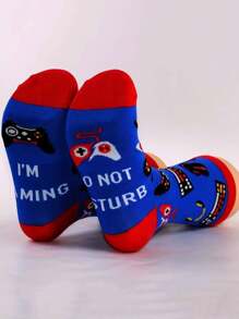 A Pair Of Men's Novelty Crew Socks - Soft, Comfortable, Fun Gamer Design With Red Toe And Heel- Great Gift, Fall - Blue - View 3