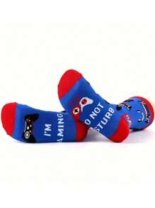 A Pair Of Men's Novelty Crew Socks - Soft, Comfortable, Fun Gamer Design With Red Toe And Heel- Great Gift, Fall - Blue - View 4
