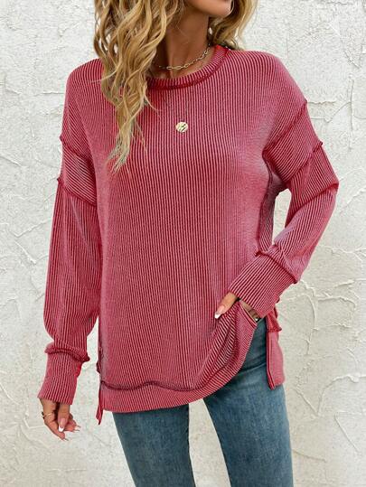 Women Long Sleeve Shirts Fall Ribbed Loose Fit Oversized Sweatshirts Casual Side Slit Tunic Tops