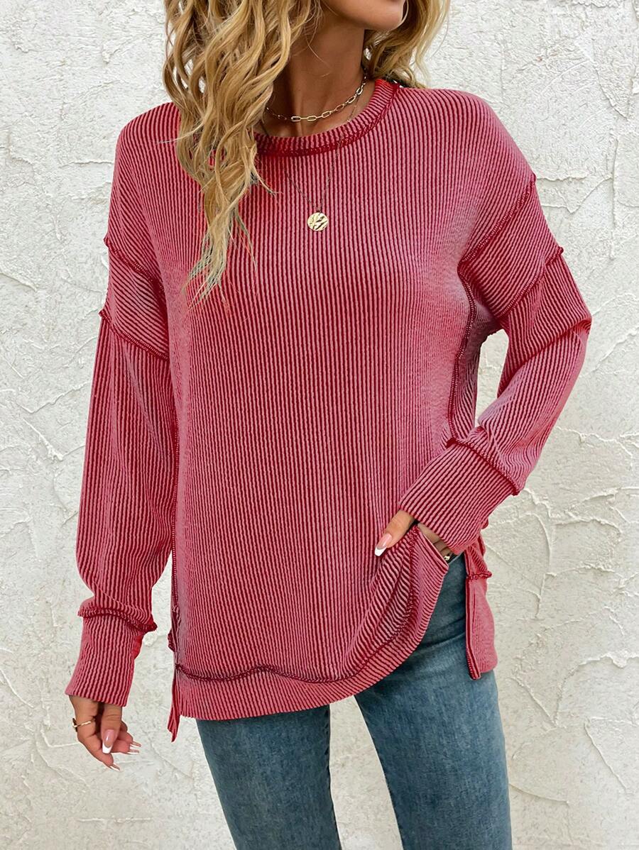 Women's Long Sleeve Shirt, Autumn Ribbed Loose Oversized Sweatshirt, Casual Side Slit Drawstring Waist Top - Red - View 1