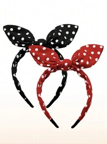 2pcs Polka Dot Bow Headband, Black & Red Rabbit Ear Headband, Girls Hair Accessories, Cute Retro Headscarf - Multicolor - View 1