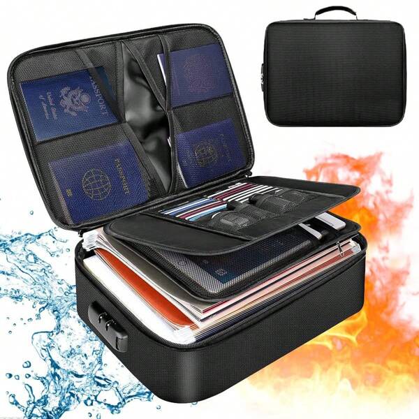 Dokumententasche, 36.14 ∗ 27.4 ∗ 10,4 cm, mit Sicherheitsschloss, Aktentasche, Feuerfeste, Wasserdichte, 7 Fächer, großer Stauraum, zum Aufbewahren und Organisieren wichtiger Dokumente