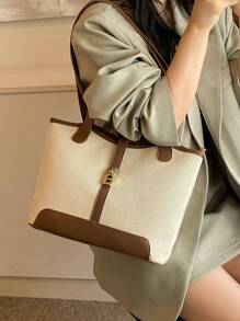 Bolso de hombro con doble asa y ribete de contraste, informal, para trabajo, escuela, ideal para universitarios, adolescentes y jóvenes, perfecto para exteriores, viajes y vuelta al colegio