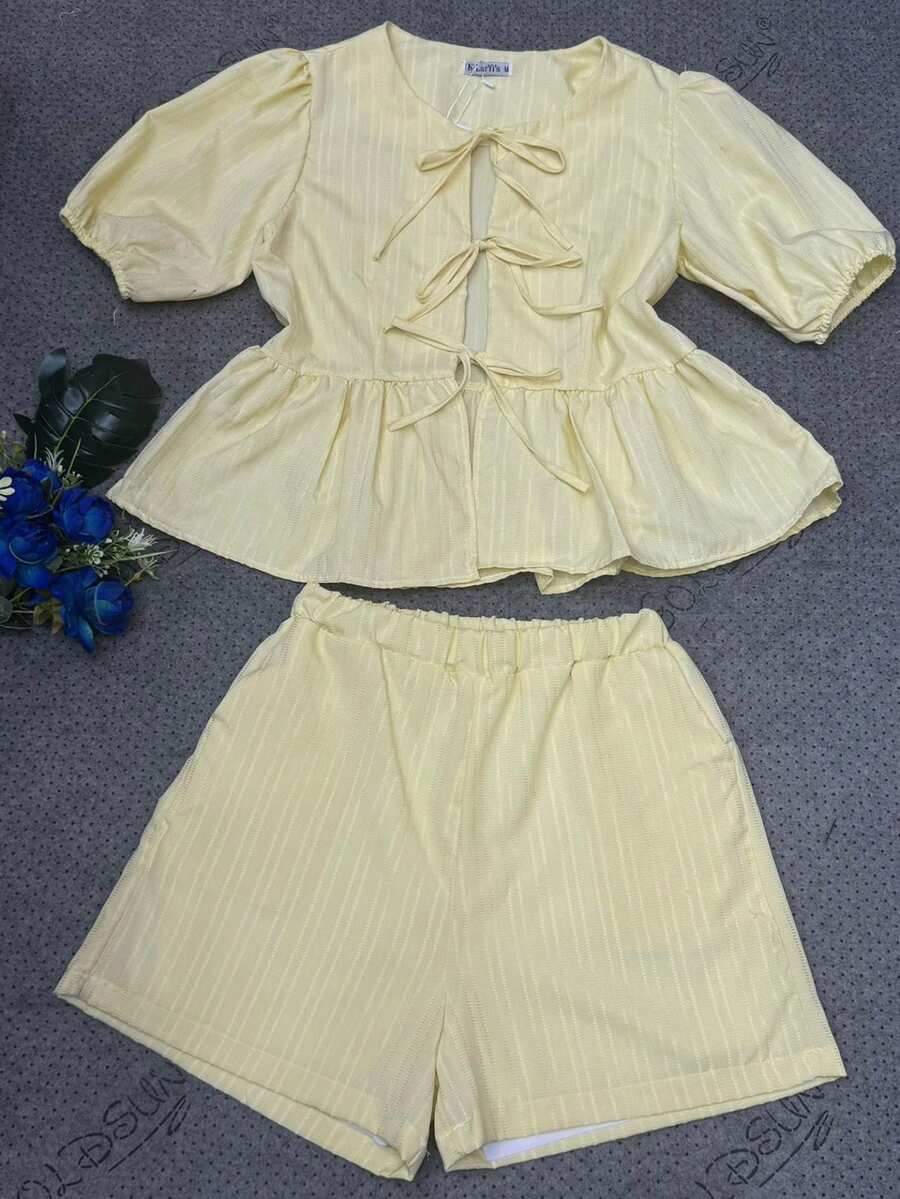 Open Front Blouse And Shorts Set With Lining, Chic Model