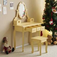 Kids Girls Vanity Table Set Makeup Dressing Table Stool Mirror With 3 Drawers - 橘色 - 查看 4