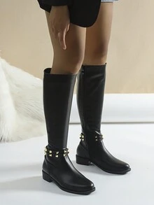 Fashionable Over-The-Knee Boots For Women, Black Color With Gold Rivets, Side Zipper Closure, Versatile Tall Boots With Round Toe And Chunky Heel, Comfortable Winter Boots, Suitable For Autumn & Winter - Black - View 3