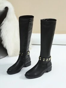 Fashionable Over-The-Knee Boots For Women, Black Color With Gold Rivets, Side Zipper Closure, Versatile Tall Boots With Round Toe And Chunky Heel, Comfortable Winter Boots, Suitable For Autumn & Winter - Black - View 4