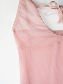 Women's Sexy Lingerie Dress, Pink Lightweight Sheer Mesh Side Split Maxi Dress, Deep U Neck Backless Halter Dress, Plunging Neckline, Lace Up Neck Sexy Nightgown - Pink - View 8