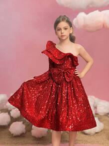 Tween Girl One Shoulder Ruffle Bow Sparkly Party Dress - Red - View 5