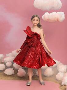 Tween Girl One Shoulder Ruffle Bow Sparkly Party Dress - Red - View 6