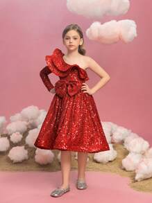 Tween Girl One Shoulder Ruffle Bow Sparkly Party Dress - Red - View 3