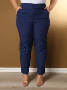 Plus Size Casual Pants With Two Modern Buttons And Practical Pockets - Màu xanh hải quân - Xem 2