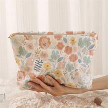 Nécessaire de veludo cotelê floral, estojo organizador de maquiagem leve com zíper, nécessaire multifuncional com estilo delicado, presente para meninas, mulheres e amigas, material escolar, compras para a volta às aulas. - Multicolorido - Ver 8