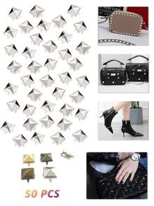 50 PCS Copper Square Pyramid Studs For Clothing Bag Leather Shoes Punk Rock Jewelry Craft, 4 Prong Metal Nailhead Studs Spikes Accessories With Awl(Silver, 8/10/12mm)