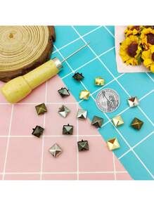 50 PCS Copper Square Pyramid Studs For Clothing Bag Leather Shoes Punk Rock Jewelry Craft, 4 Prong Metal Nailhead Studs Spikes Accessories With Awl(Silver, 8/10/12mm)