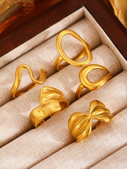 5pcs Vintage Minimalist Stainless Steel Bowknot & Asymmetrical Oval Adjustable Rings, Suitable For Women Daily, Commute, Outing, Party Wear