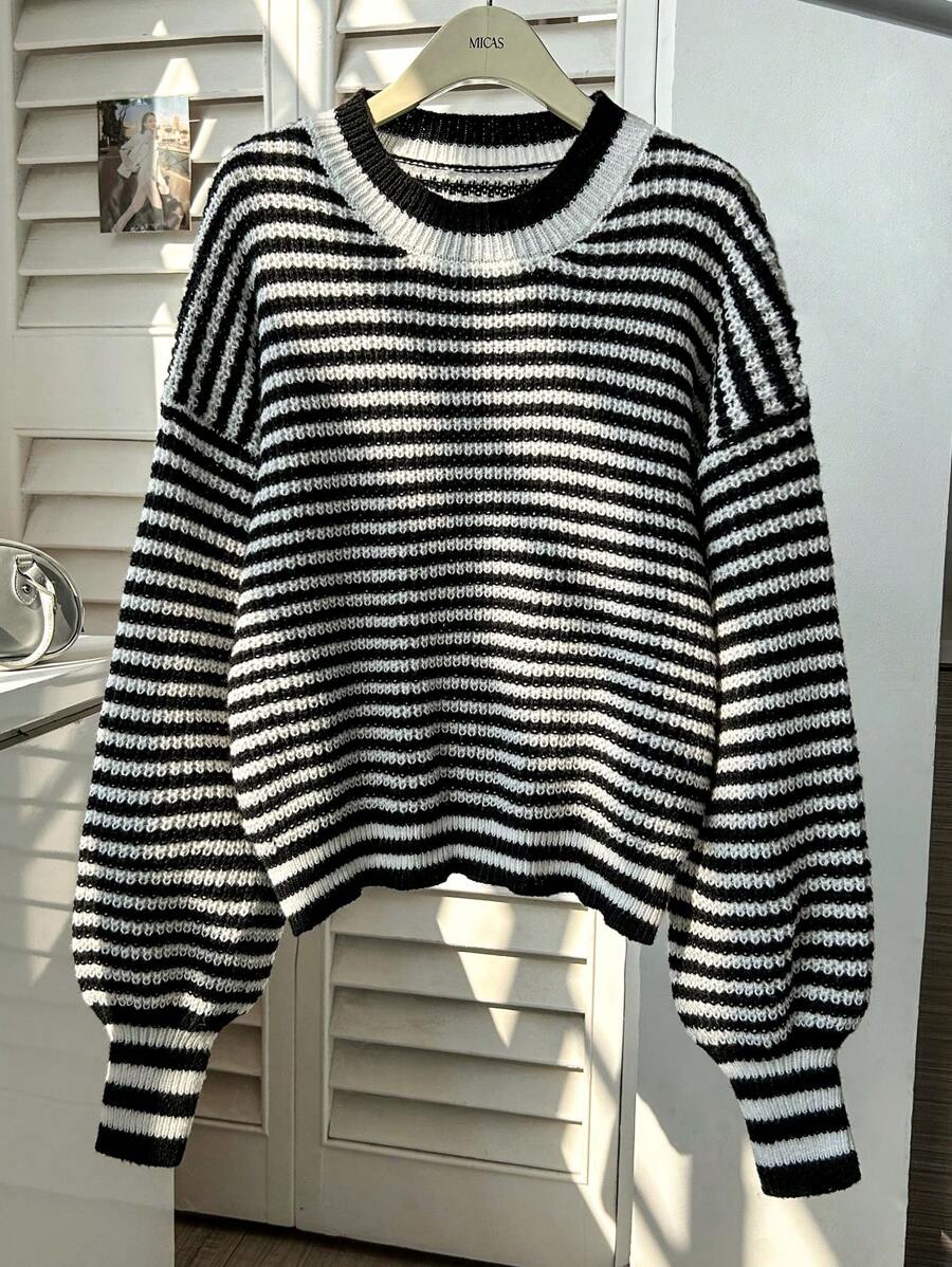 FOR BEAUTY Spring And Autumn New Round Neck Striped Color Blocking Lantern Sleeve Sweater Women Loose Fashion Long Sleeve Jumpers For Women Sweater Knit Christmas Top New Year