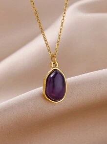 1 pièce Collier pendentif en pierre naturelle violette asymétrique en acier inoxydable pour femme, accessoire mode pour un port quotidien