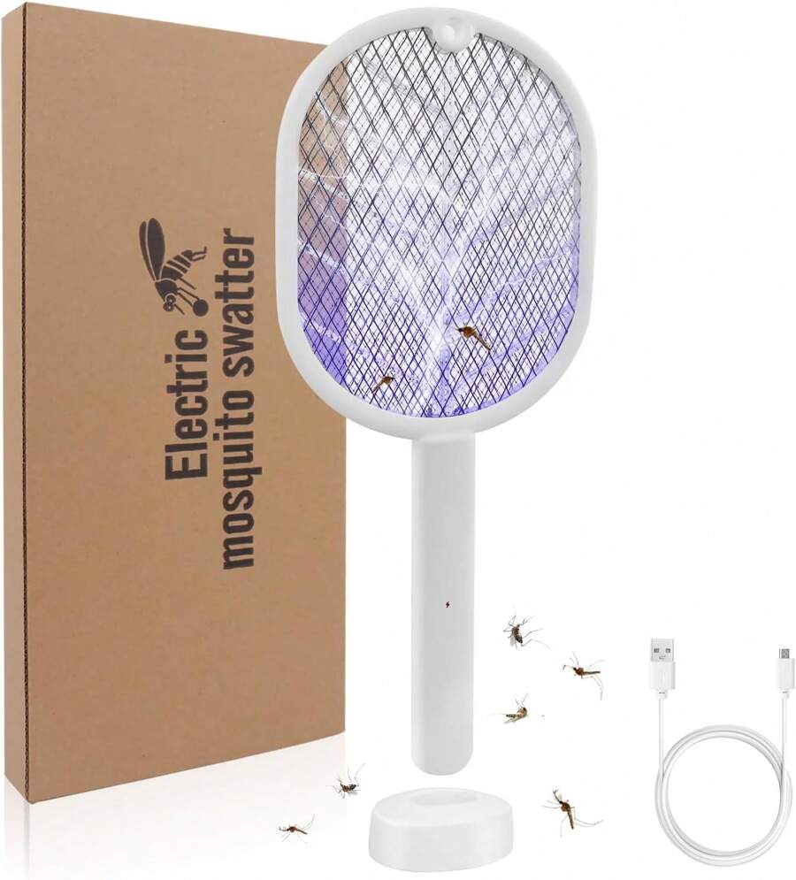 3000V Electric Fly Swatter Racket With 1200mAh Rechargeable Battery With 3-Layer Mesh For Indoor And Outdoor - White - View 1