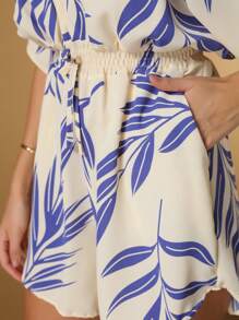 BOHO PLANTS PRINT CASUAL MARKING FOR WOMEN BOHO PLANTS PRINT SHORTS SET - 淺色水洗藍 - 查看 8