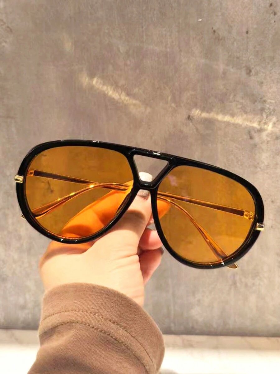 1副双梁超大全框时尚眼镜，个性化复古飞行员风格时尚眼镜，适合街拍、秋冬基础款女装、商务休闲装、沙滩配饰、时尚眼镜、時尚眼鏡 - 彩色 - 查看 1