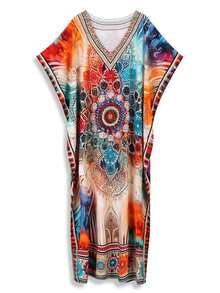 波西米亚印花连衣裙 休闲家居 V 领短袖连衣裙 家居服 长袍