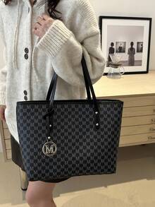 Túi Tote Jacquard Color Block thời trang, Balo đi học dung tích lớn cho nữ, Túi xách sử dụng hàng ngày, Quà tặng cho ngày hẹn hò, Túi Tote sang trọng nhẹ - màu đen - Xem 7