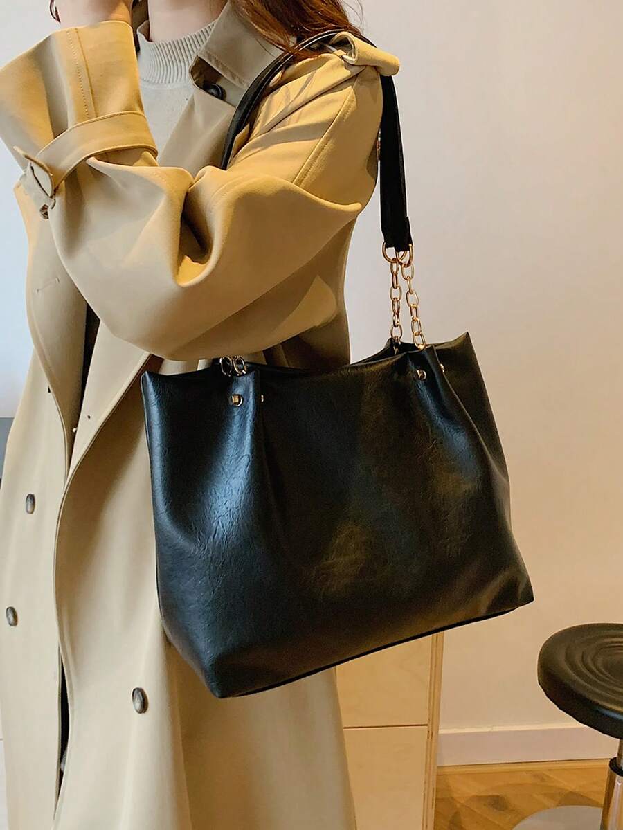 时尚条纹手提包 - 女士大容量单肩包 - 日常使用的拉链手提包 - 金属链带手提包 - 黑色 - 查看 1