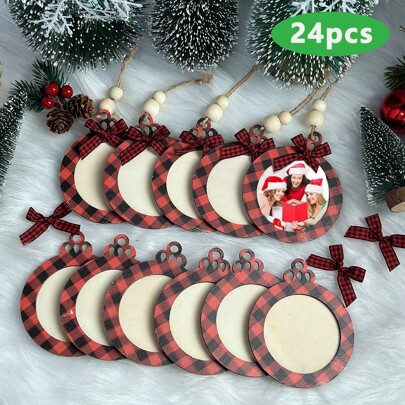VICKYO 24 peças/conjunto enfeites de fatia de madeira de Natal, laços xadrez de búfalo vermelho enfeite de bola de Natal, enfeites de Natal de madeira em branco faça você mesmo para pintar, para decorações de meias de árvore de Natal
