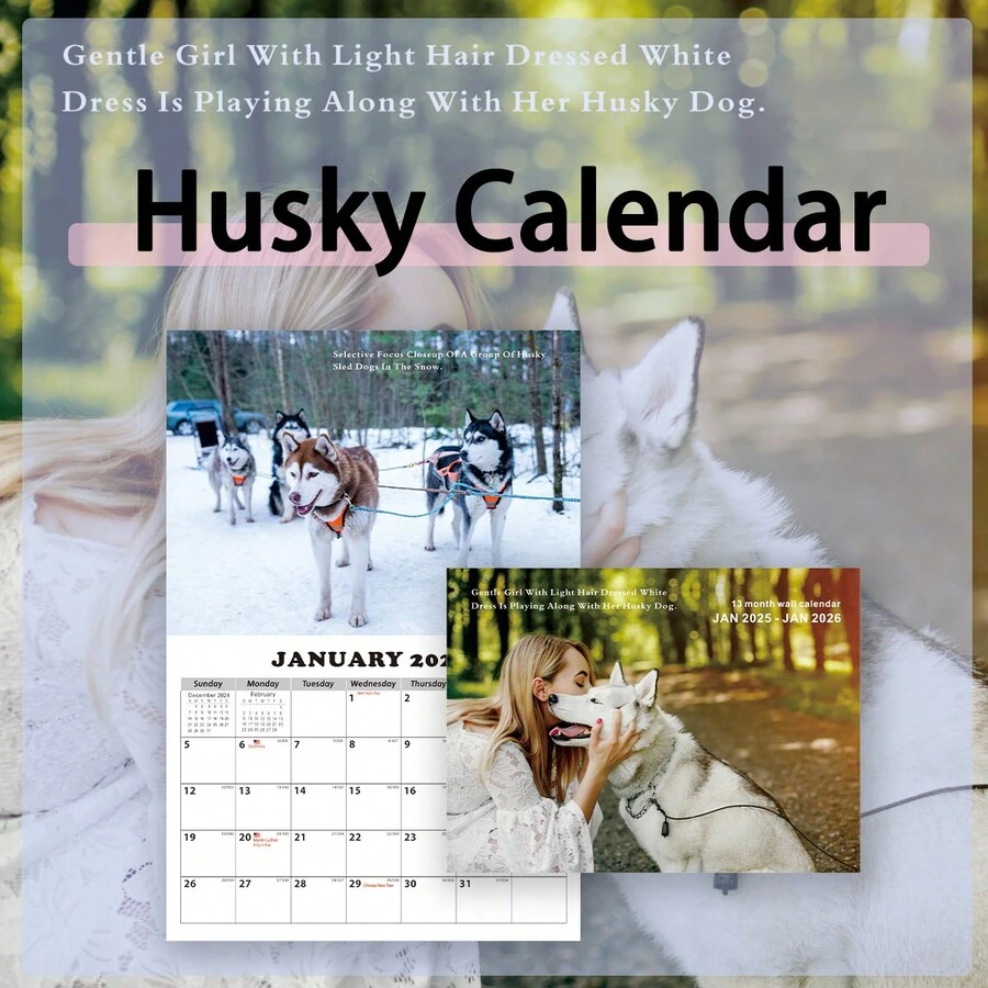 Lịch treo tường chủ đề chó Husky năm 2025. Bìa mờ, 15 hình ảnh chó Husky độ nét cao được in bên trong, lưới lớn để lập kế hoạch. Thích hợp sử dụng tại văn phòng hoặc gia đình, giúp lịch trình công việc và cuộc sống của bạn được tổ chức tốt hơn. Kích thước mở: 42x28,5cm/11,2x16,5in - Nhiều màu - Xem 1