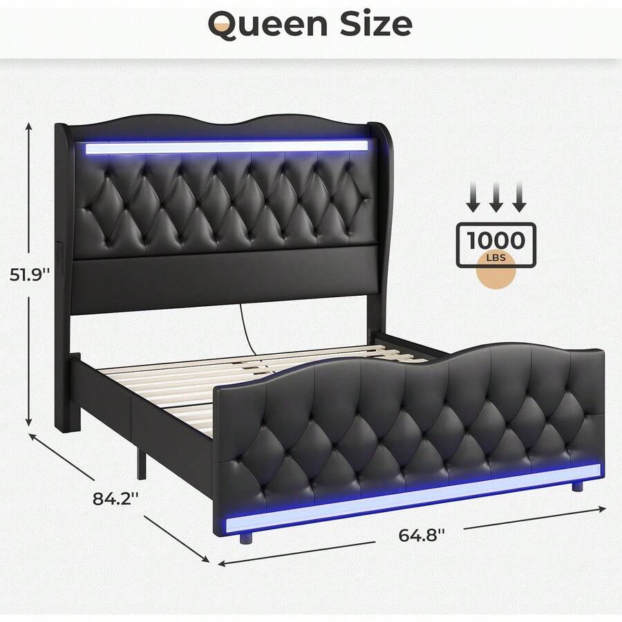 LED Bed Frame Queen Size With Tall Headboard Footboard, Charging
